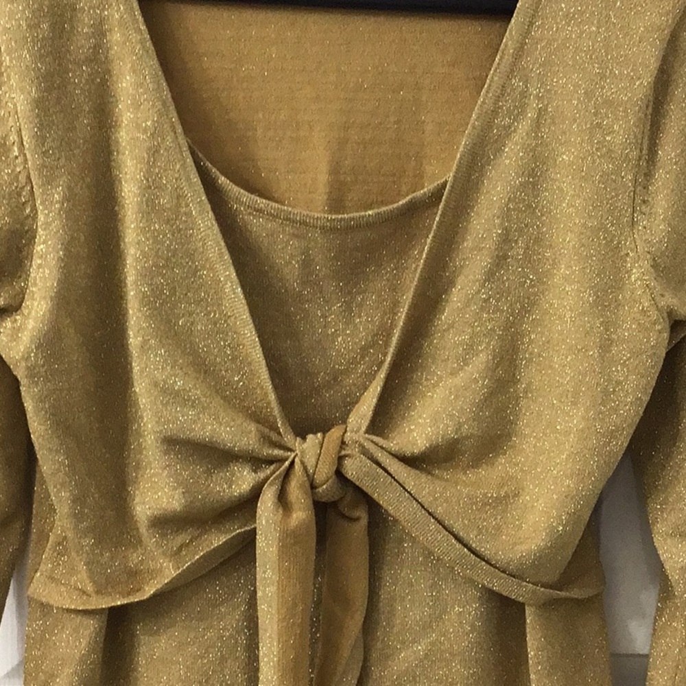 BAY STUDIOS Metallic Gold Tie-Front Long Sleeve Top, M - Picture 2 of 5